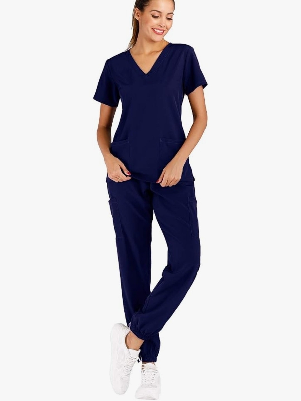 Minty Mint Women's Solid Stretch Medical Uniform Scrub Set V Neck Top Cargo Tape